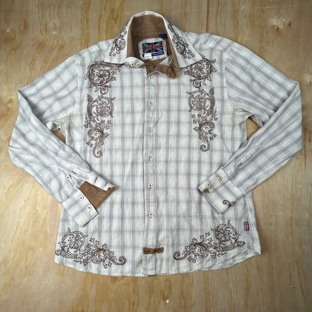 English Laundry Christopher Wicks Mens M Embroidered Plaid Cotton Button Down
